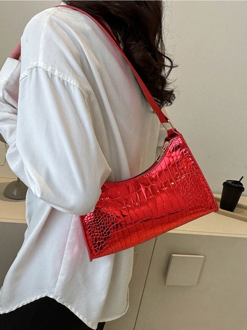 Crocodile Embossed Baguette Bag Metallic PU Funky