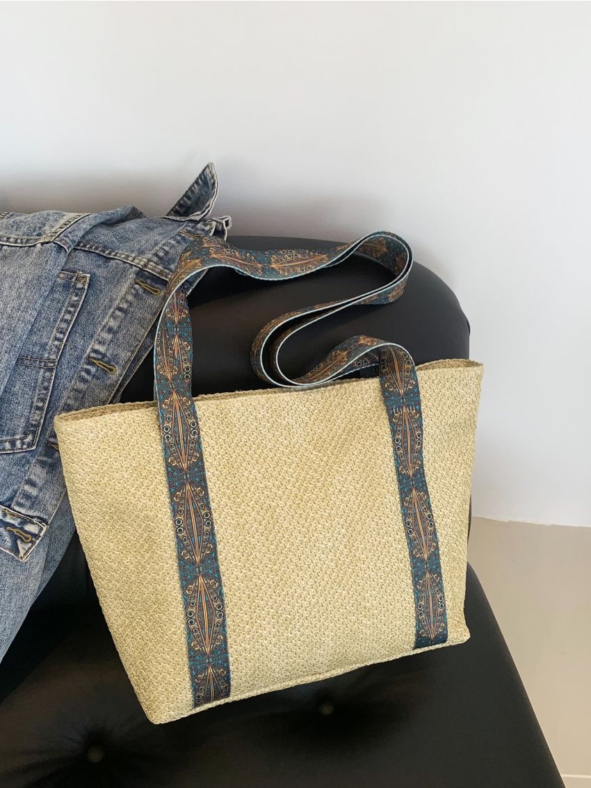 Geometric Tape Decor Straw Bag Vacation