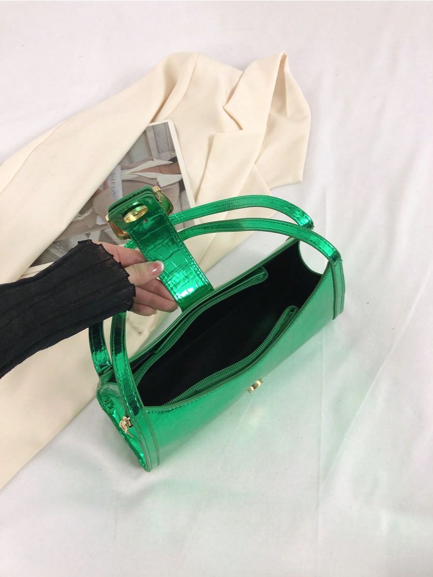 Geometric Embossed Baguette Bag Metallic Green Buckle Decor Funky