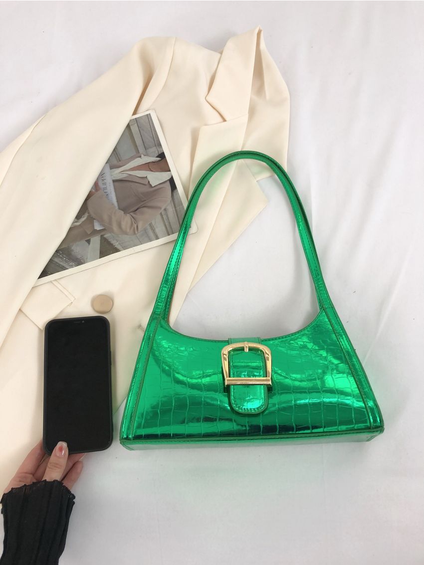 Geometric Embossed Baguette Bag Metallic Green Buckle Decor Funky