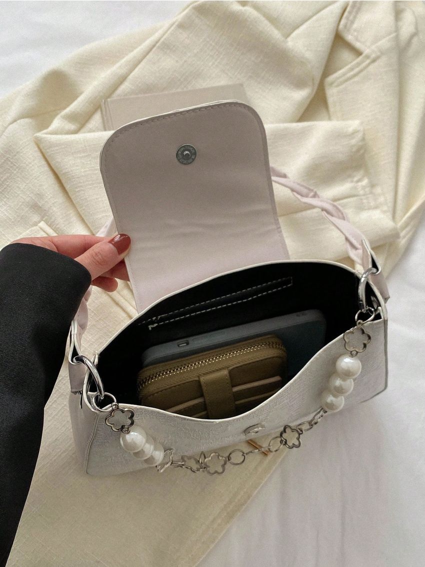 Flower Graphic Hobo Bag Faux Pearl Decor Mini