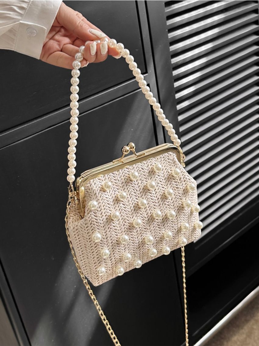 Faux Pearl Decor Straw Bag Kiss Lock Vacation