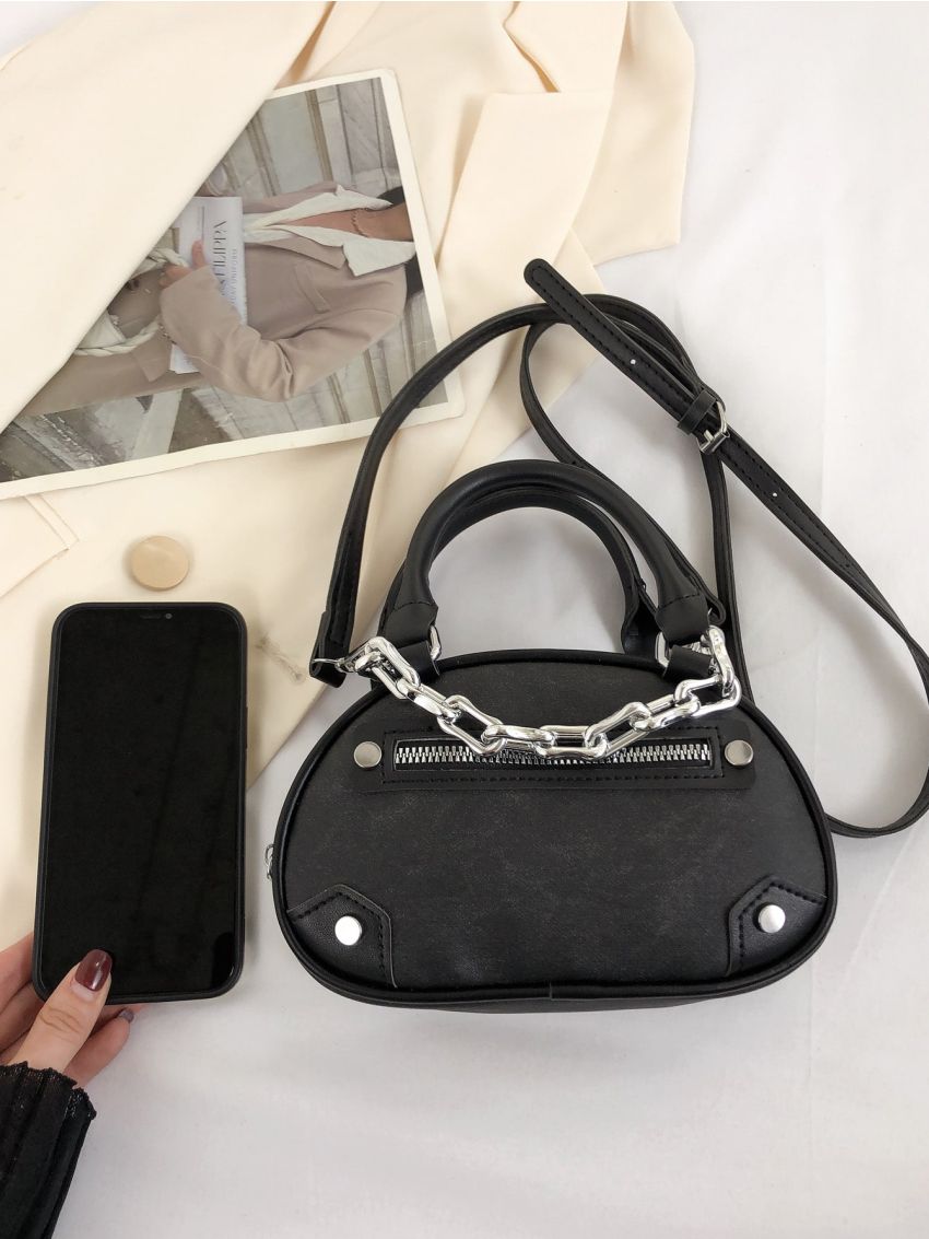 Mini Satchel Bag Studded & Chain Decor PU