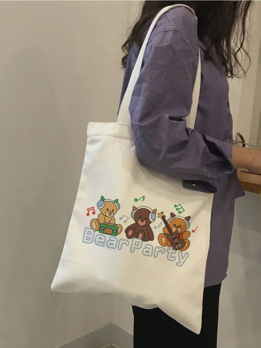 Cartoon Bear & Letter Graphic Shopper Bag Canvas Cute