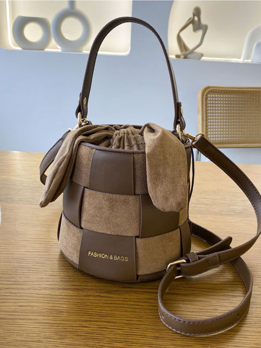 Mini Bucket Bag Braided Design Letter Graphic Drawstring Design