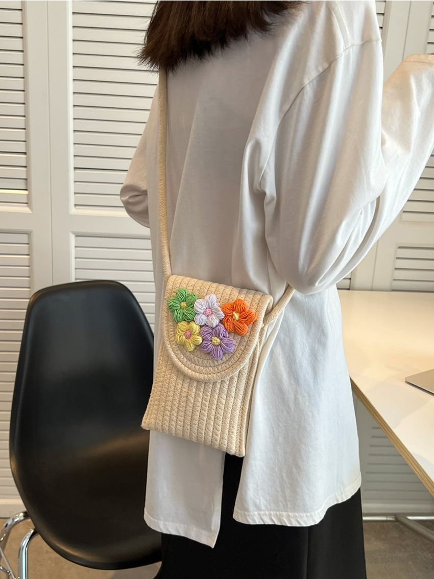 Mini Flap Straw Bag Flower Decor