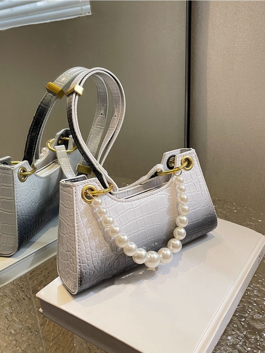 Ombre Baguette Bag Crocodile Embossed Pearl Decor