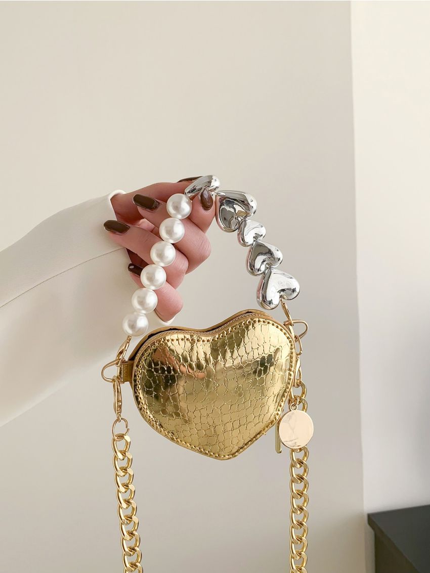 Mini Novelty Bag Metallic Crocodile Embossed Heart Design