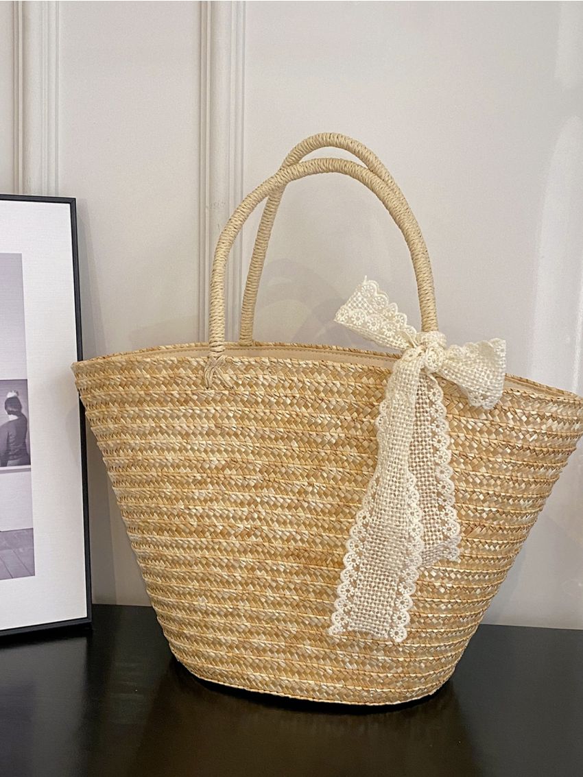 Oversized Straw Bag Twilly Scarf Decor Vacation