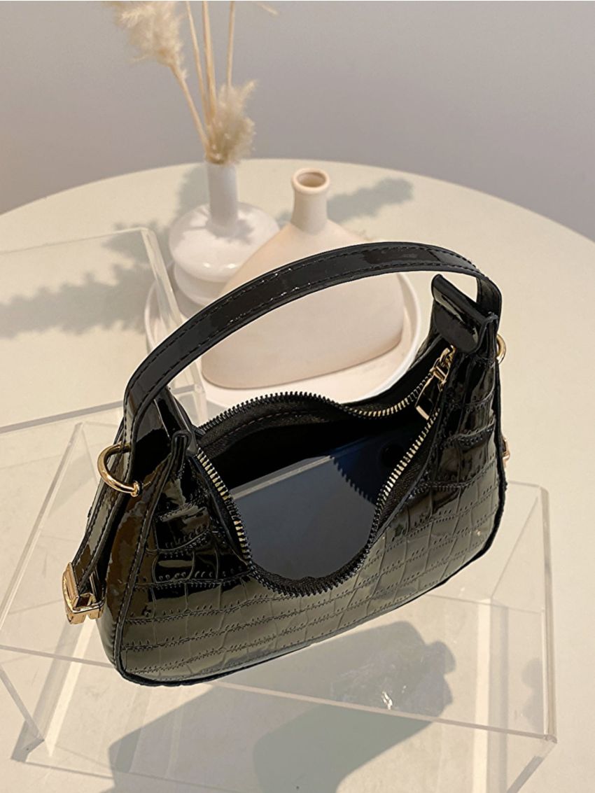 Mini Hobo Bag Crocodile Embossed Solid Black