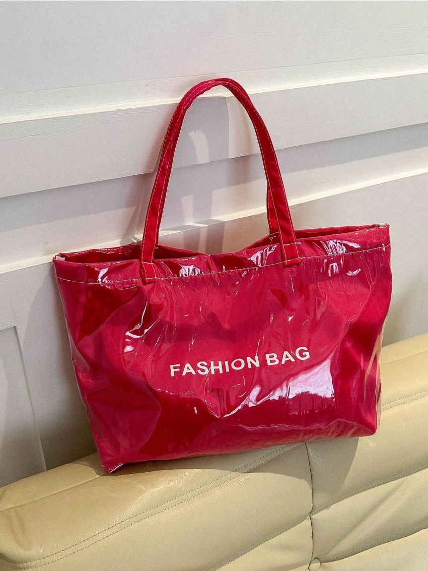 Neon Red Shoulder Tote Bag Letter Graphic