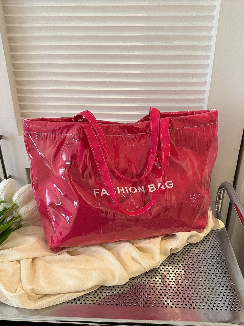 Neon Red Shoulder Tote Bag Letter Graphic