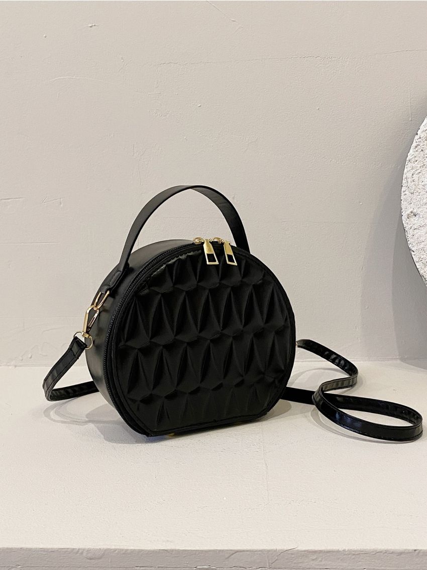 Mini Novelty Bag Black Geometric Embossed Zipper Adjustable-strap PU