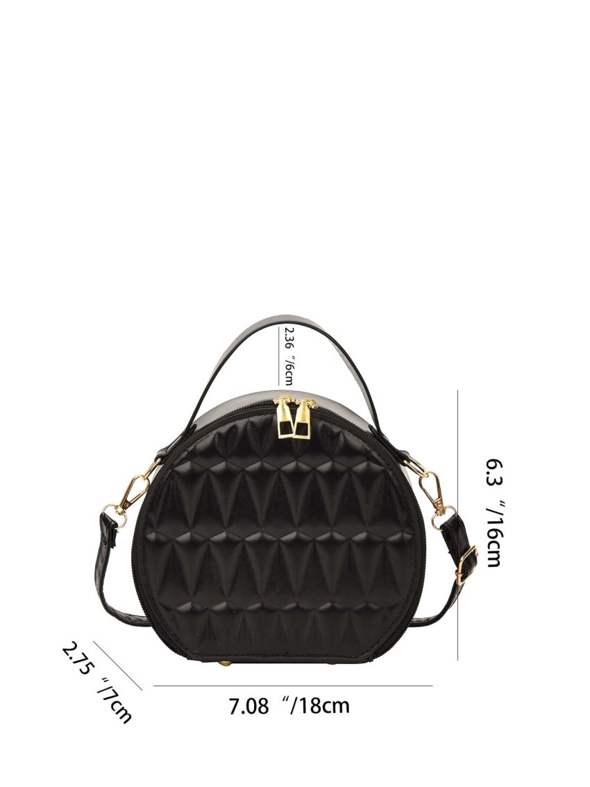 Mini Novelty Bag Black Geometric Embossed Zipper Adjustable-strap PU