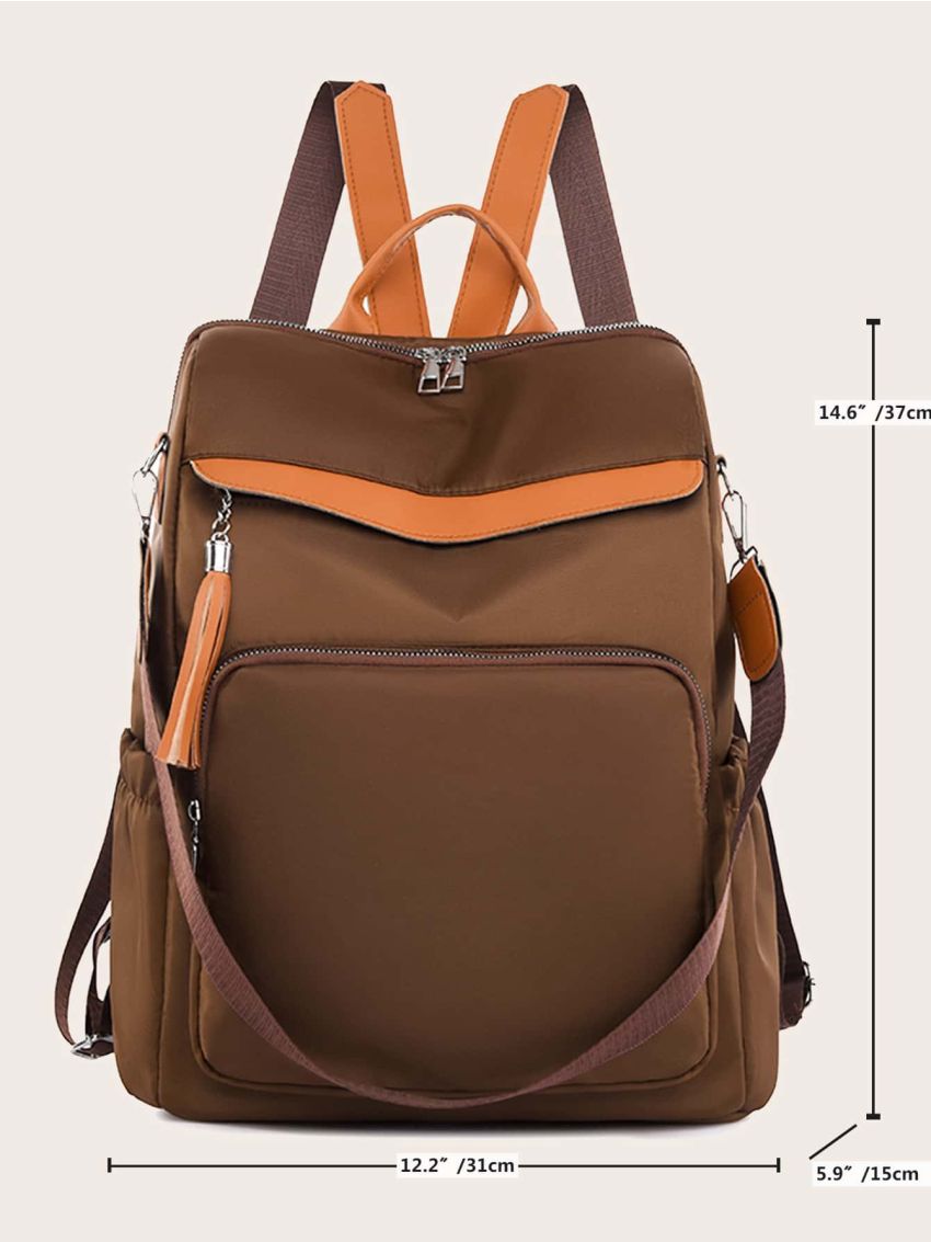Tassel Decor Classic Backpack Brown Pocket Front