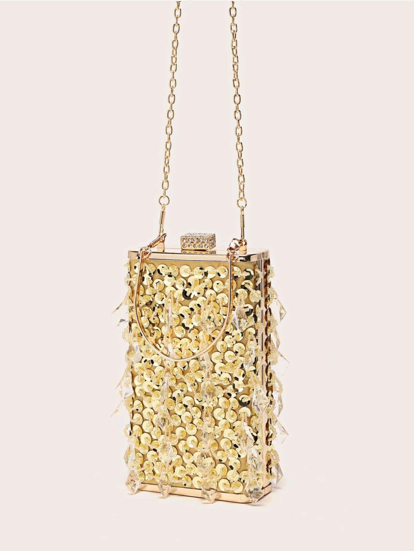 Mini Sequin & Rhinestone Decor Box Bag Top Handle Glamorous