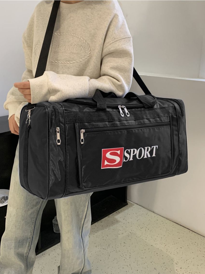 Letter Graphic Travel Bag Black Oversized