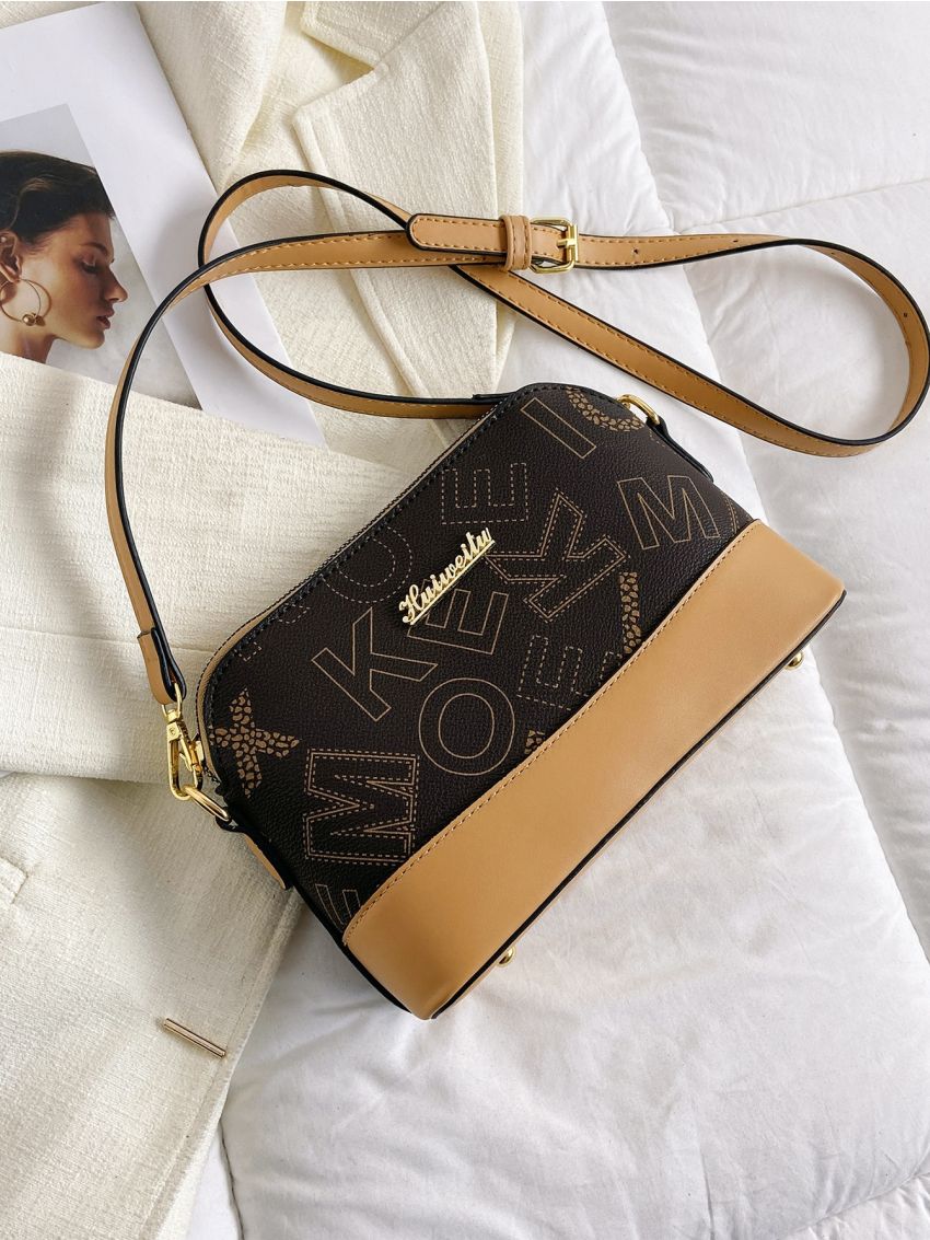 Letter Graphic Textured Dome Bag Metal Decor