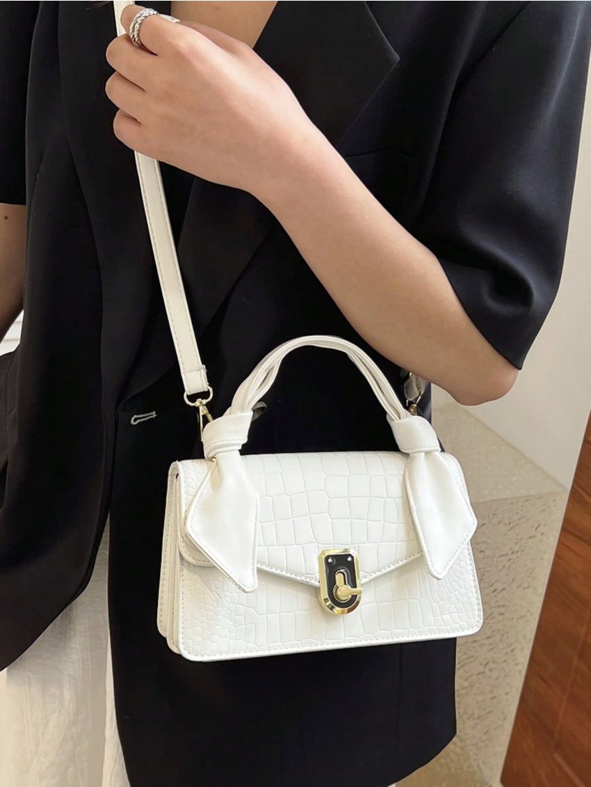 Crocodile Embossed Square Bag Small White