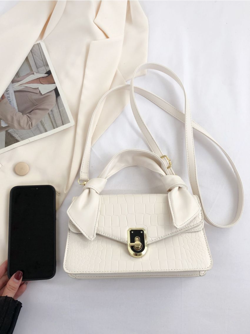 Crocodile Embossed Square Bag Small White