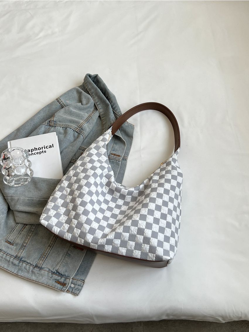 Large Capacity Hobo Bag Plaid Pattern Letter Patch Decor