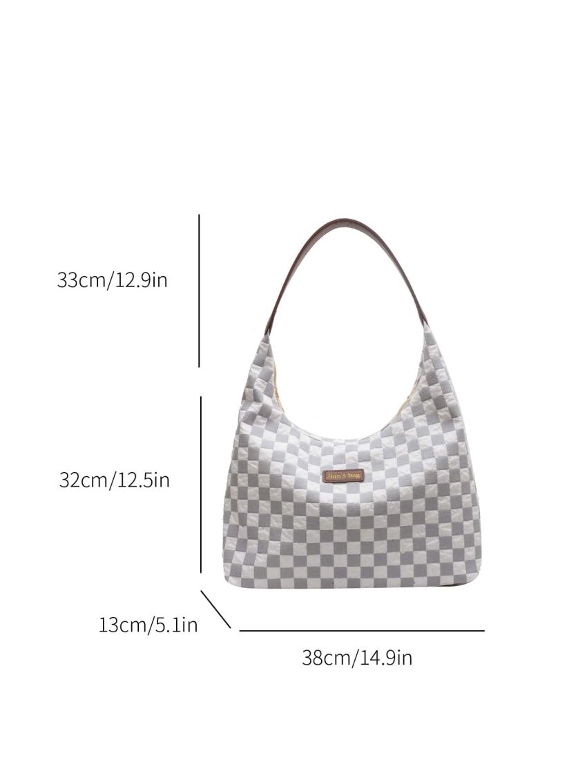Large Capacity Hobo Bag Plaid Pattern Letter Patch Decor