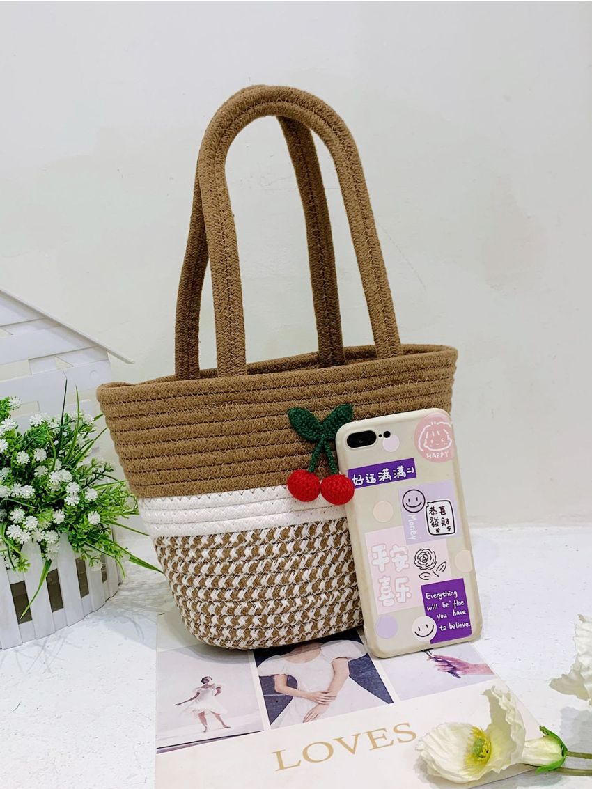 Colorblock Straw Bag Cherry Decor Medium Vacation
