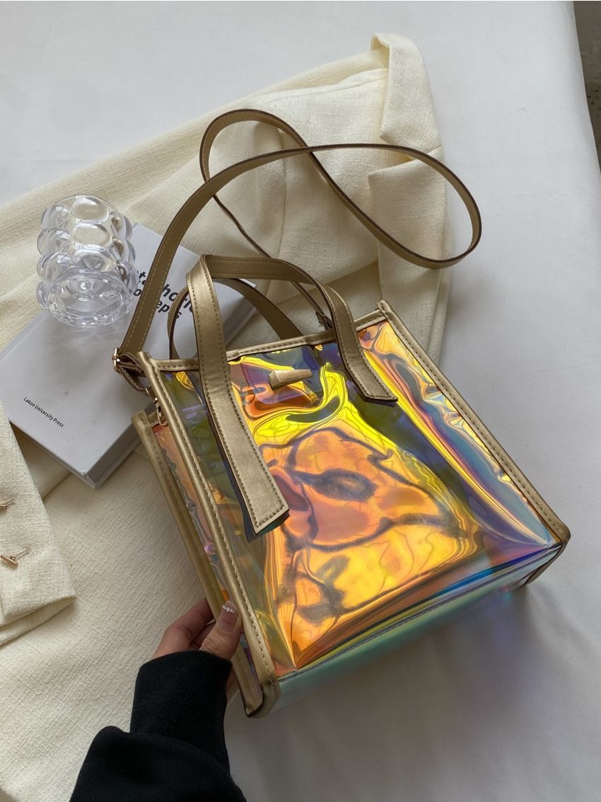 Holographic Square Bag Double Handle With Inner Pouch, Clear Bag