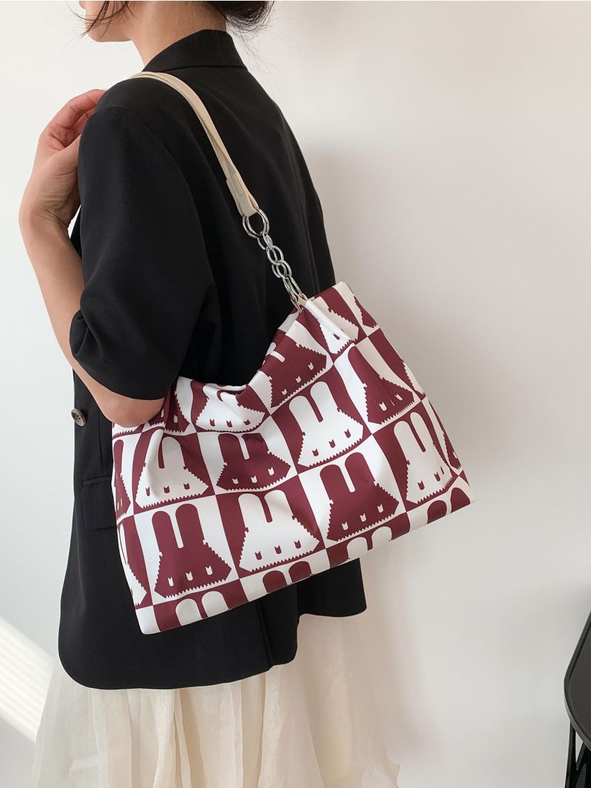 Cartoon Graphic Shoulder Tote Bag Medium Zipper