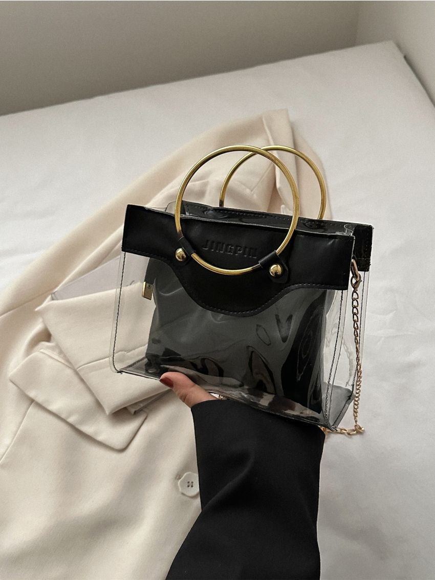 Clear Square Bag Letter Embossed Double Ring With Inner Pouch Chain Strap