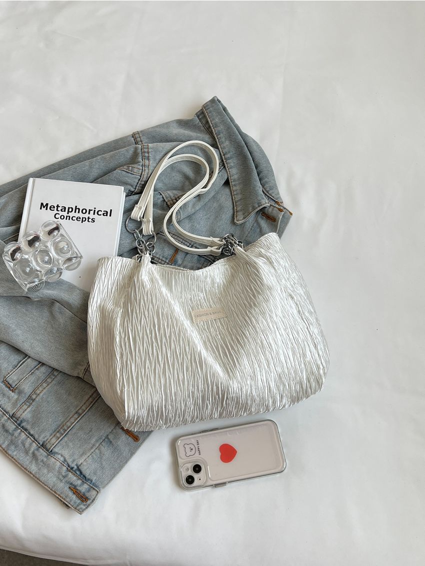 Small Tote Bag Ruched Design Double Handle Patch Decor