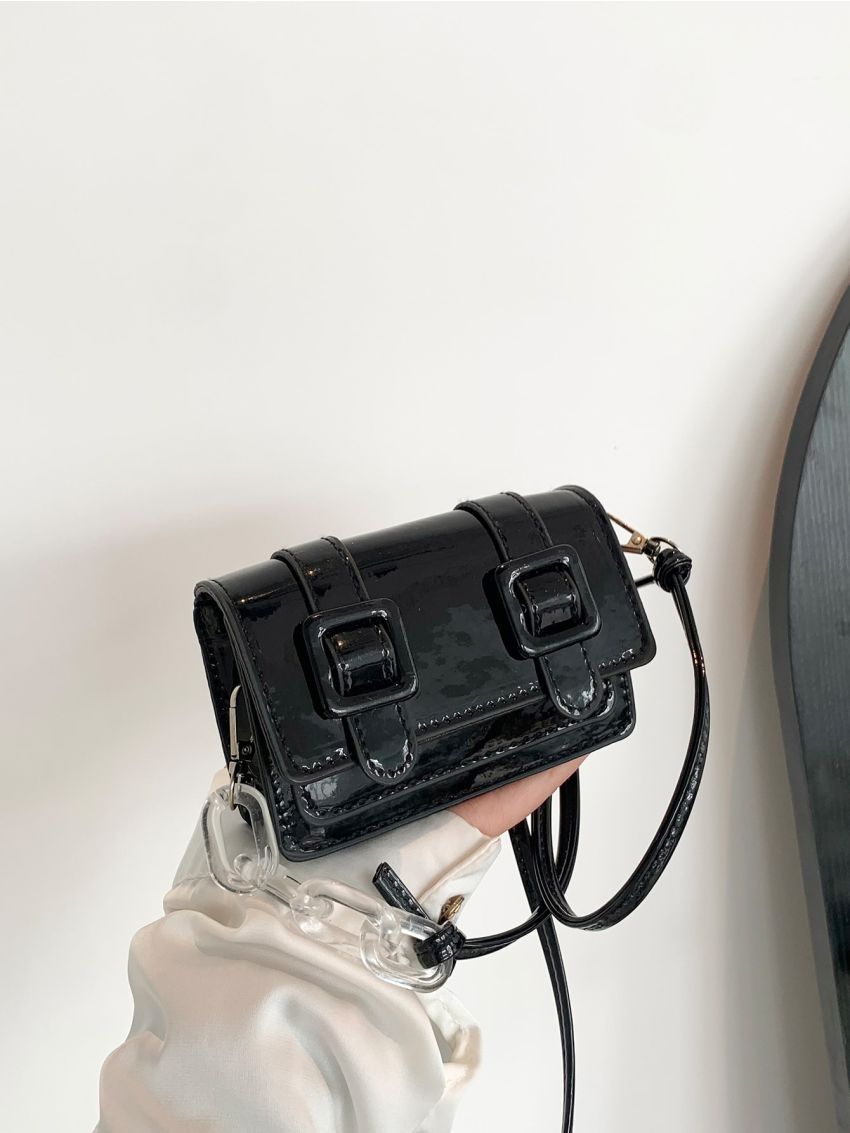 Mini Messenger Bag Buckle Decor Solid Black