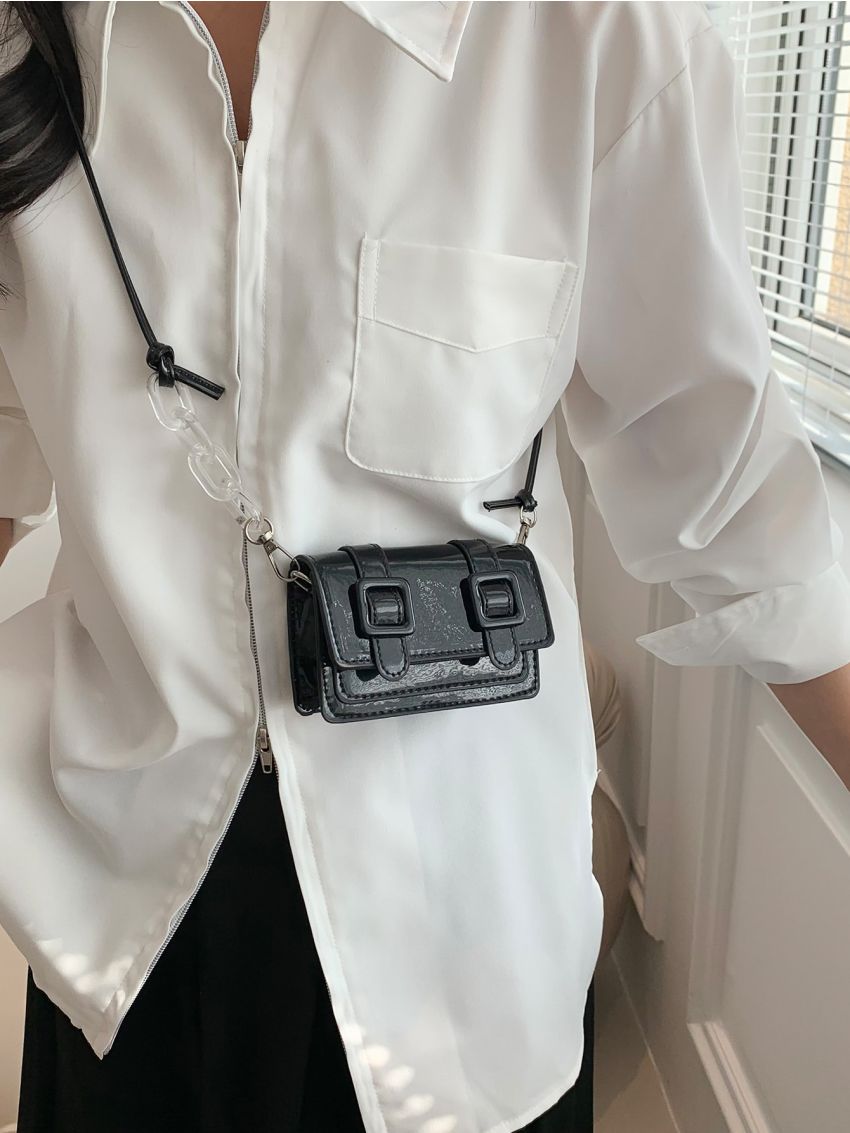 Mini Messenger Bag Buckle Decor Solid Black
