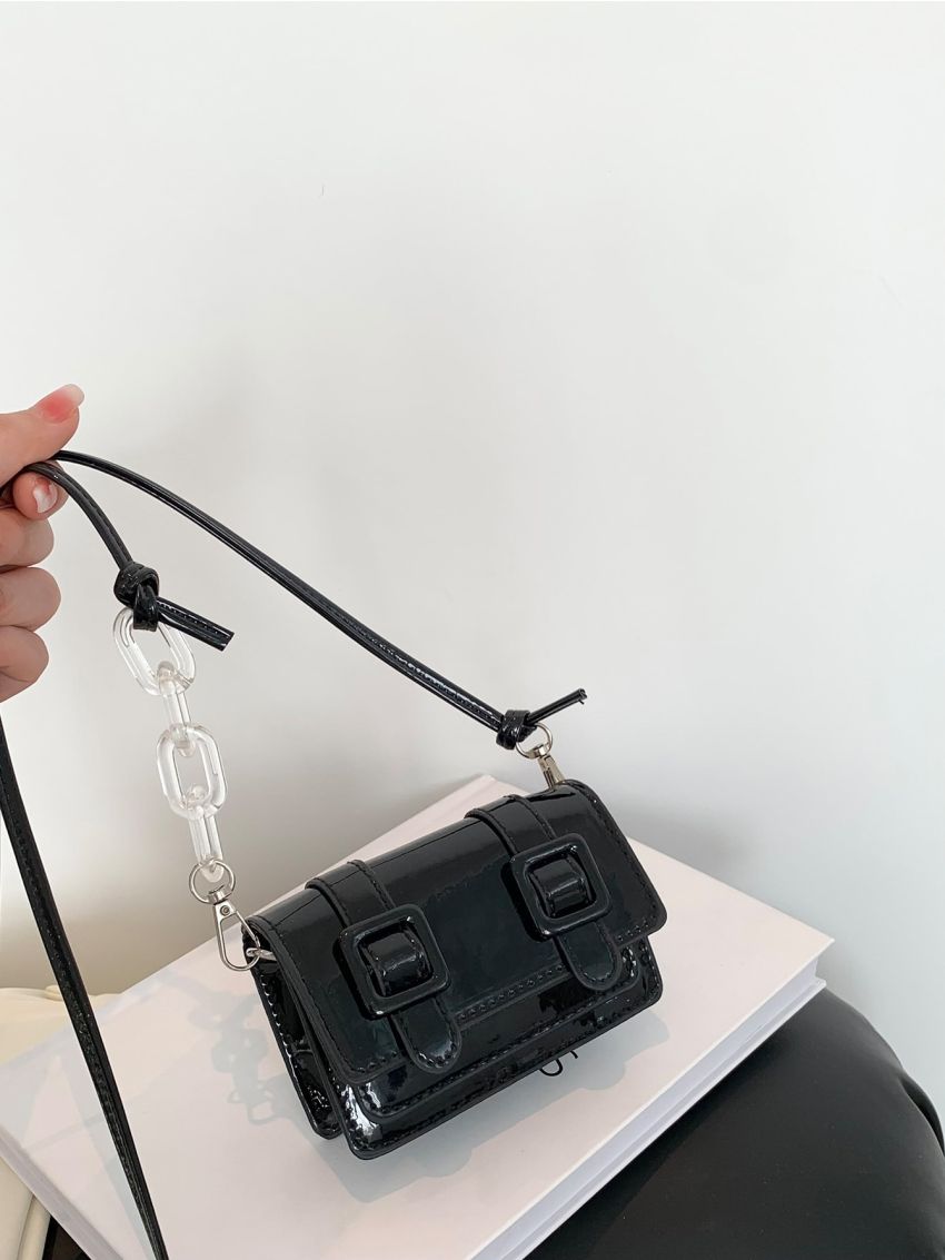 Mini Messenger Bag Buckle Decor Solid Black