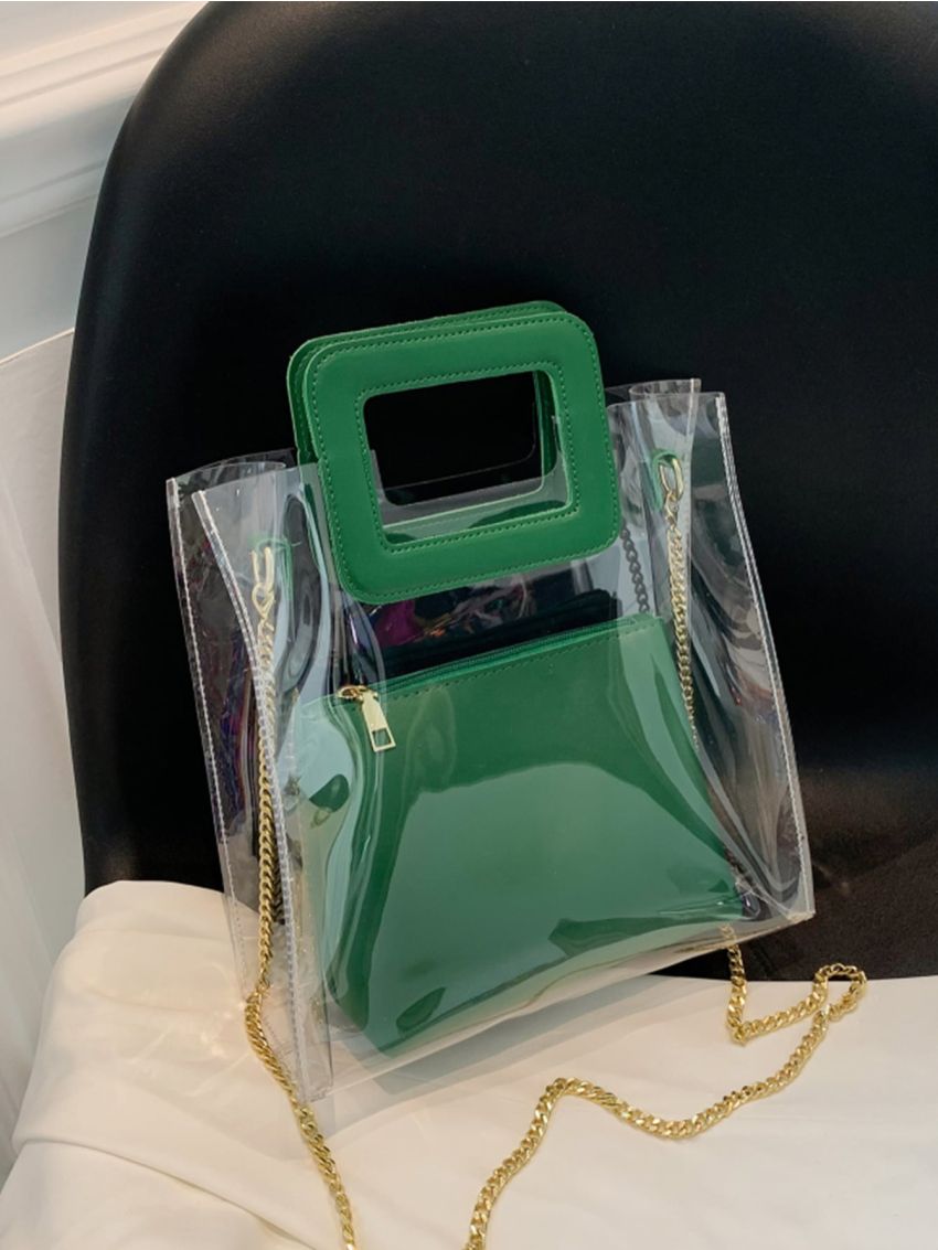 Green Square Bag Chain Strap Clear With Inner Pouch