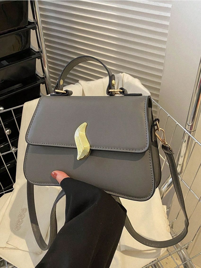 Small Square Bag Gray Metal Decor Flap Top Handle For Work