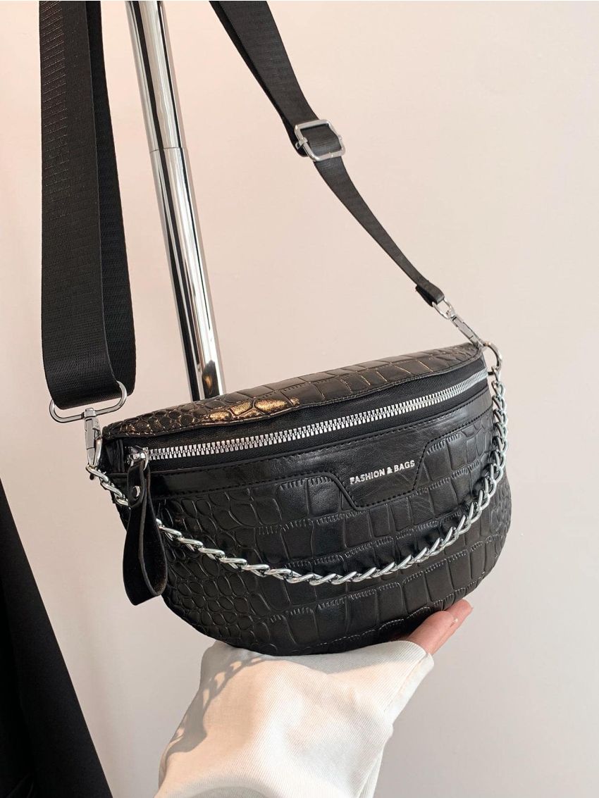Medium Waist Bag Crocodile Embossed Chain Detail