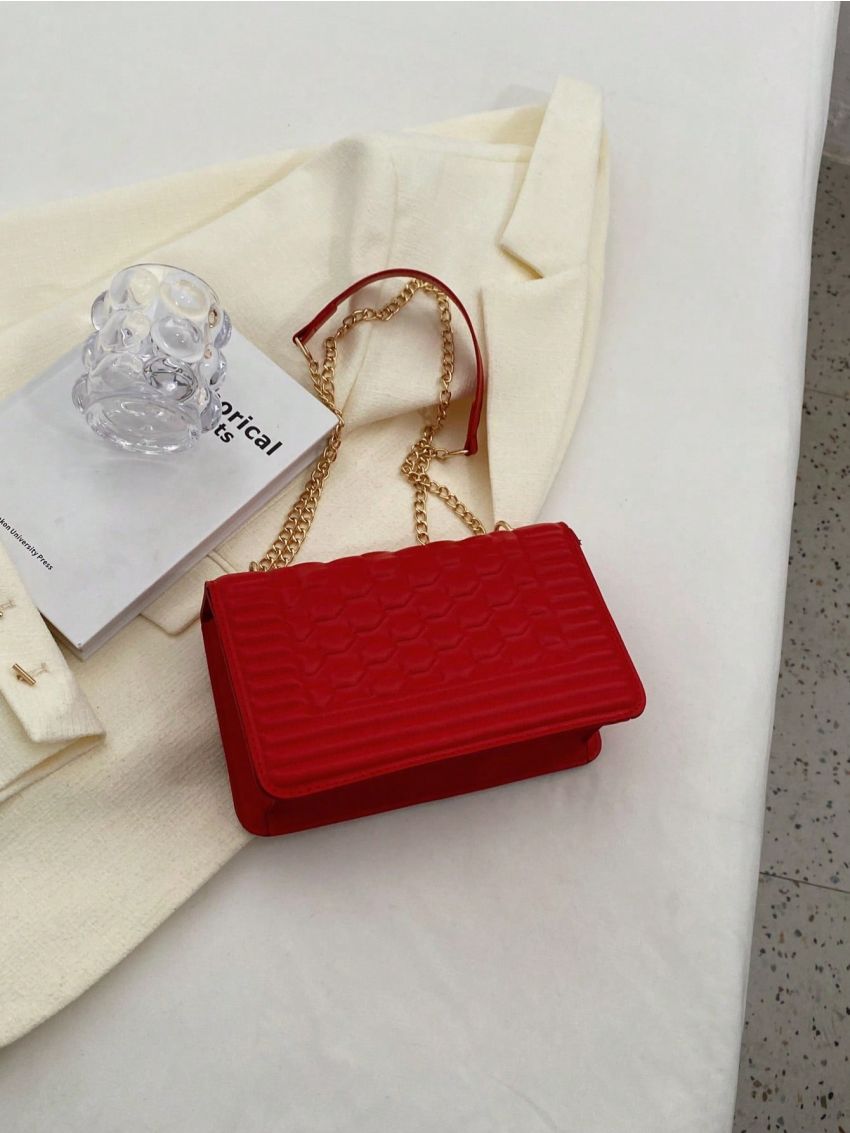 Small Square Bag Quilted & Embossed Detail Chain Strap Twist Lock