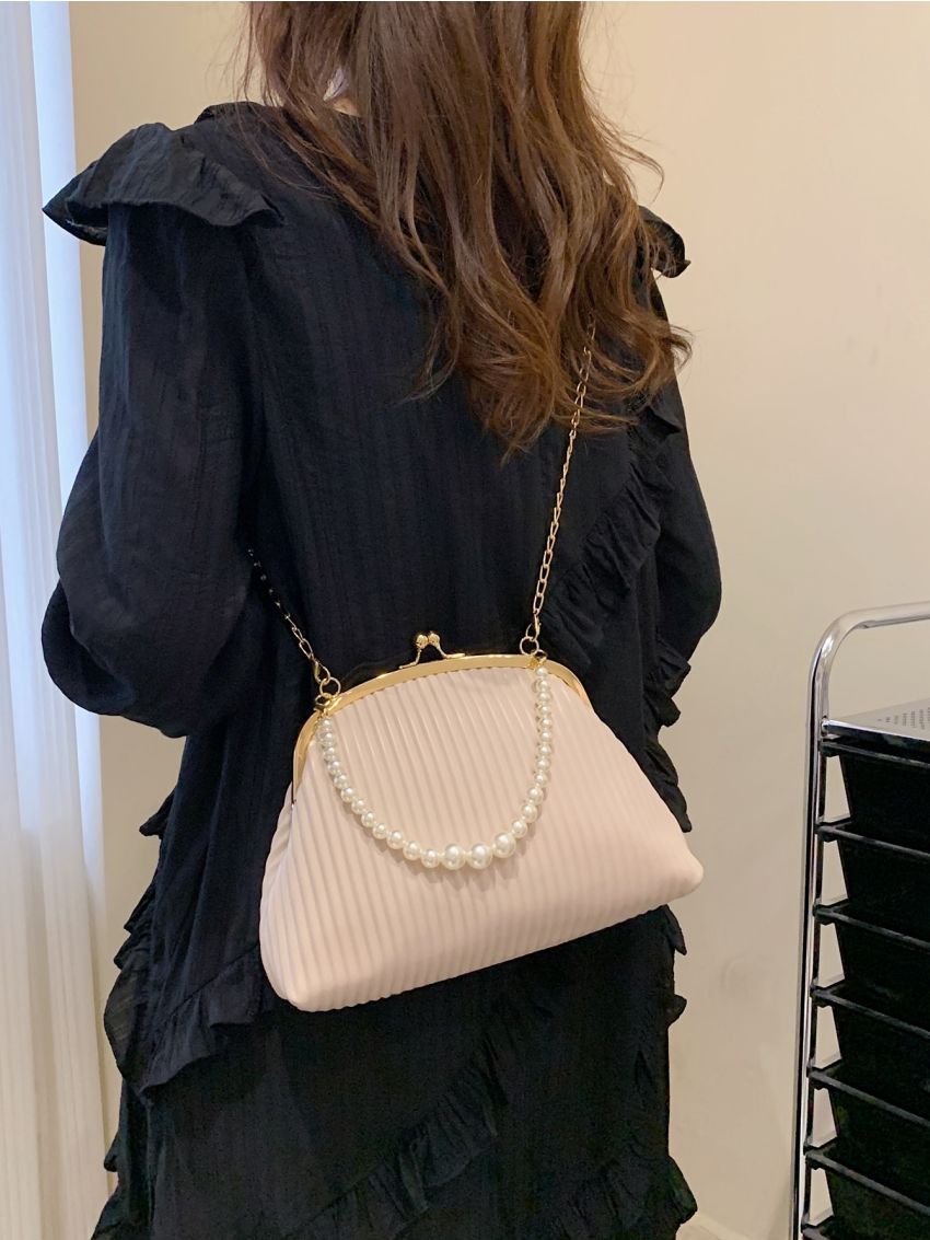 Small Satchel Bag Pleated Embossed Kiss Lock Faux Pearl Decor
