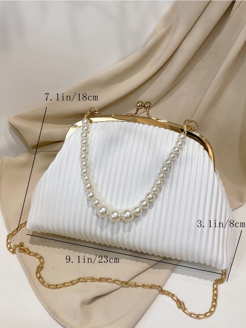 Small Satchel Bag Pleated Embossed Kiss Lock Faux Pearl Decor