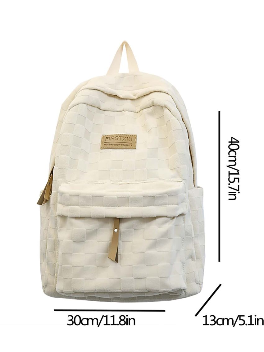 Medium Classic Backpack Plaid Pattern Letter Patch Decor