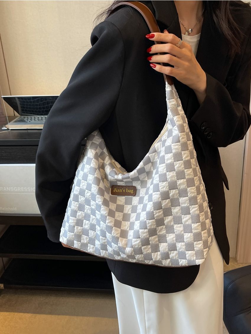 Large Capacity Hobo Bag Plaid Pattern Letter Patch Decor