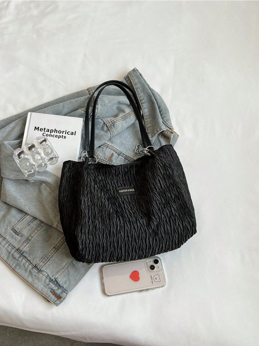 Letter Patch Shoulder Tote Bag Chain Detail