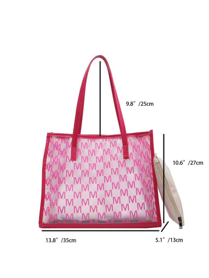 Clear Bag, Pink Tote Bag Letter Pattern Double Handle With Inner Pouch