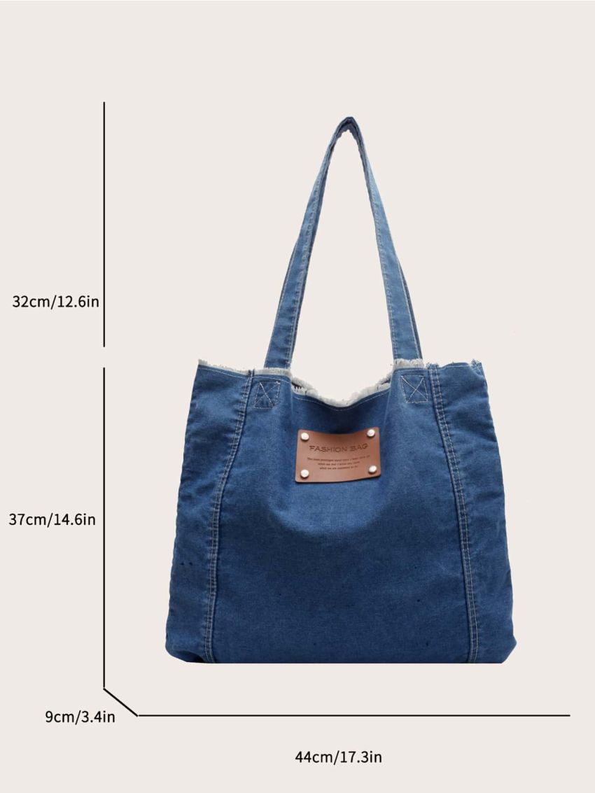 Raw Hem Shopper Bag Letter Patch Denim Preppy