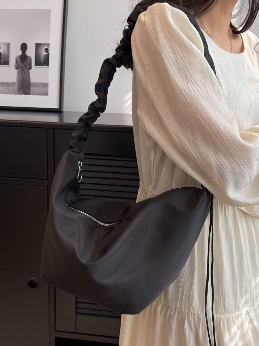 Minimalist Hobo Bag Zipper Ruched Detail Nylon