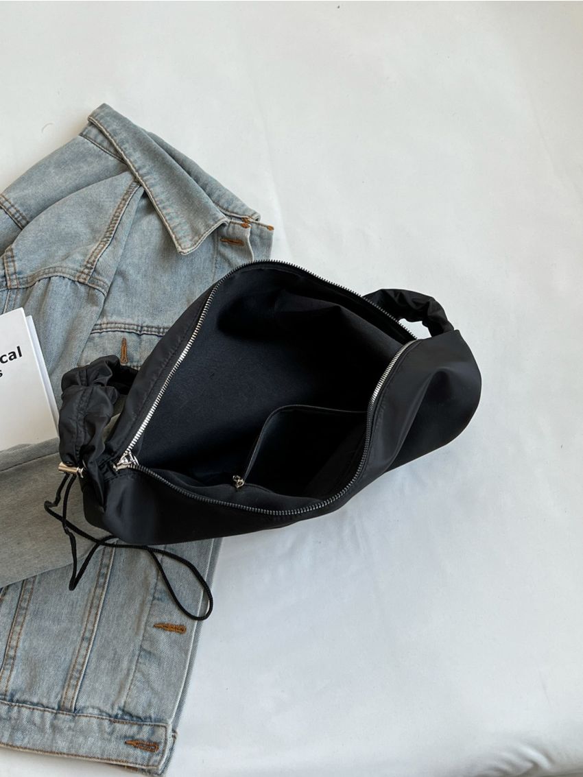 Minimalist Hobo Bag Zipper Ruched Detail Nylon
