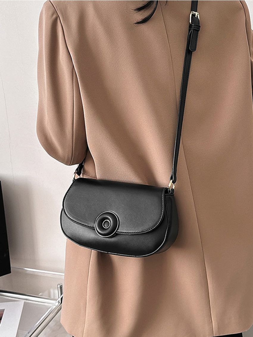 Circle Decor Flap Saddle Bag Fashion Black