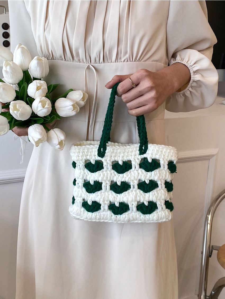 Small Crochet Bag Two Tone Double Handle No-closure Polyester
