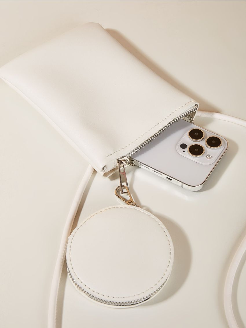 Beige Fashionable PU Phone Wallet Crossbody Bag With Coin Purse